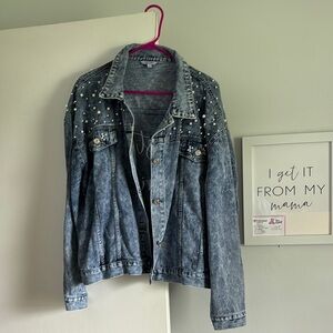 Women's Blue Denim Jacket with Pearl Accents